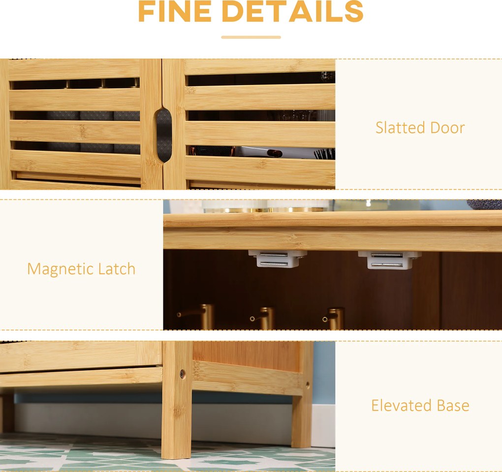 kleankin Szafka łazienkowa, Bambusowy szafek z lamelami do łazienki, korytarza, kompaktowy rozmiar, dużo miejsca do przechowywania, Drewno naturalne