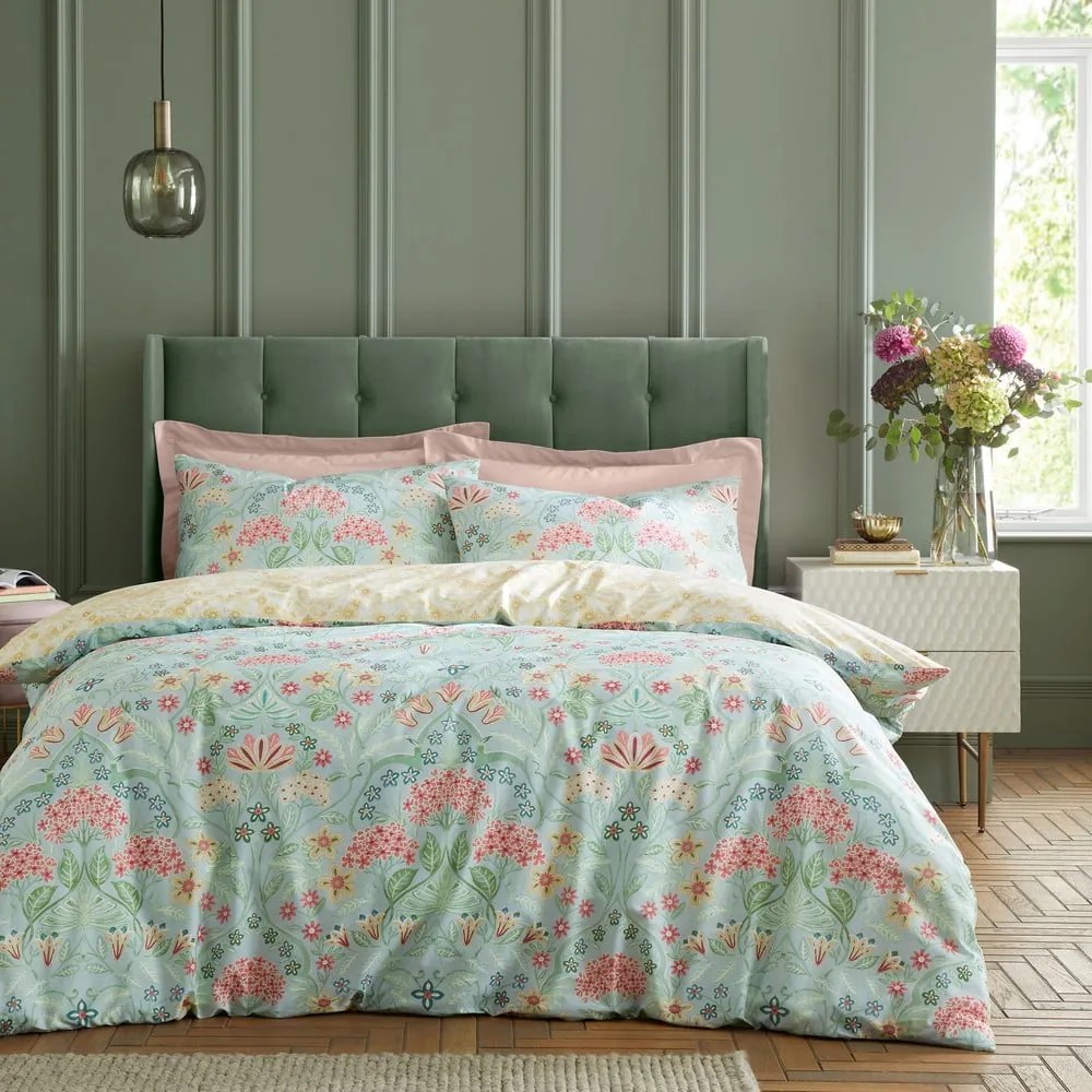 Żółto-zielona bawełniana pościel dwuosobowa 230x220 cm Art Deco Hydrangea – RHS