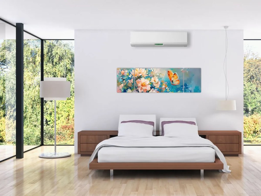Obraz - Motyl i kwiaty, obraz olejny II. (170x50 cm)