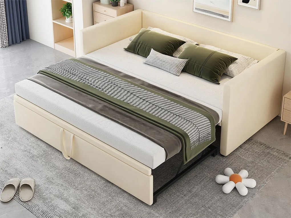 Łóżko dziecięce wysuwane 90 x 200 cm - aksamit - styl nowoczesny - kolor beżowy