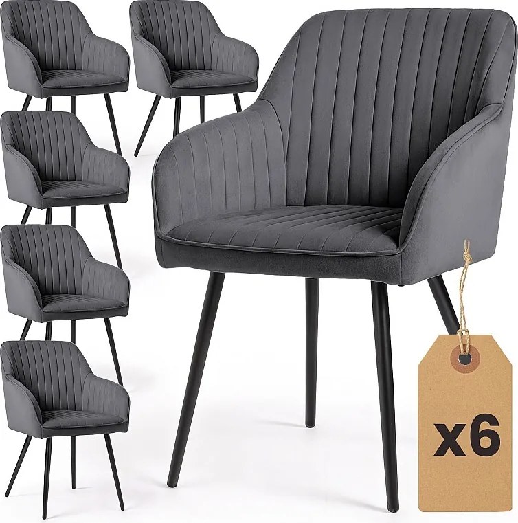 6x Welurowe krzesło tapicerowane z przeszyciami Ciemny Grafit FLORENCE Czarne nogi