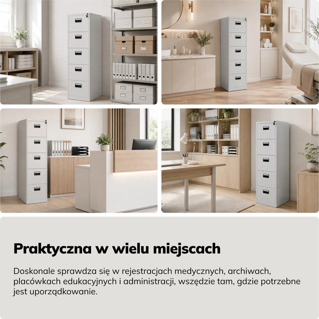 Szafa kartotekowa metalowa z 5 szufladami szara, 460x1625.5x600 mm: SARA V5