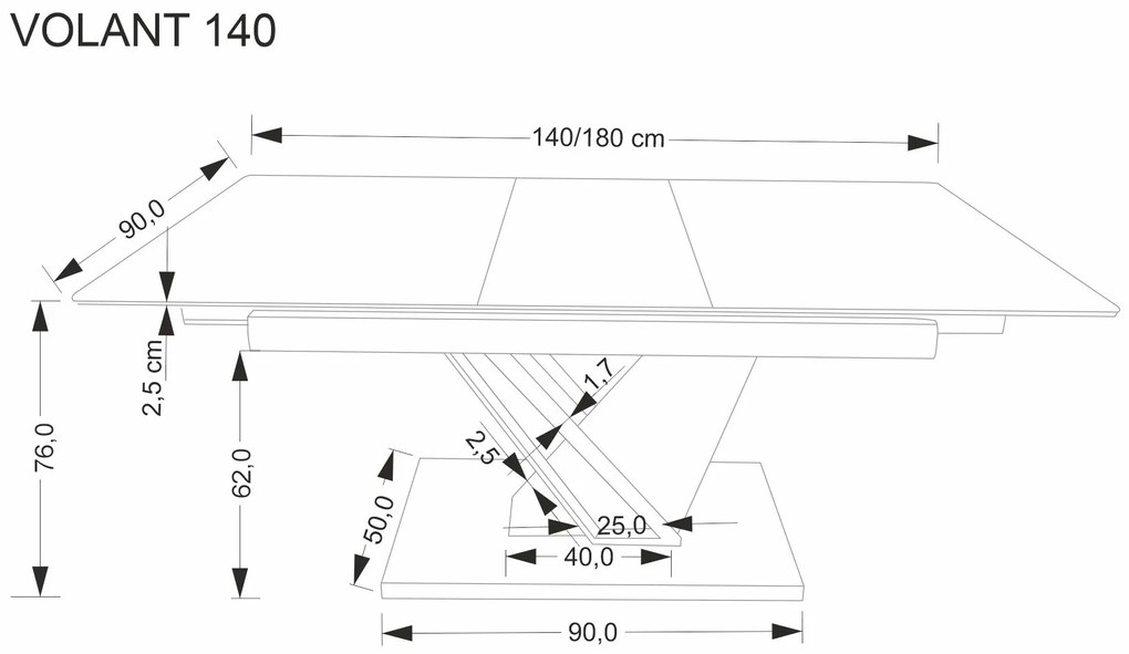 Stół rozkładany spiek czarny marmur/dąb/czarny 140-180/90/76 VOLANT 140