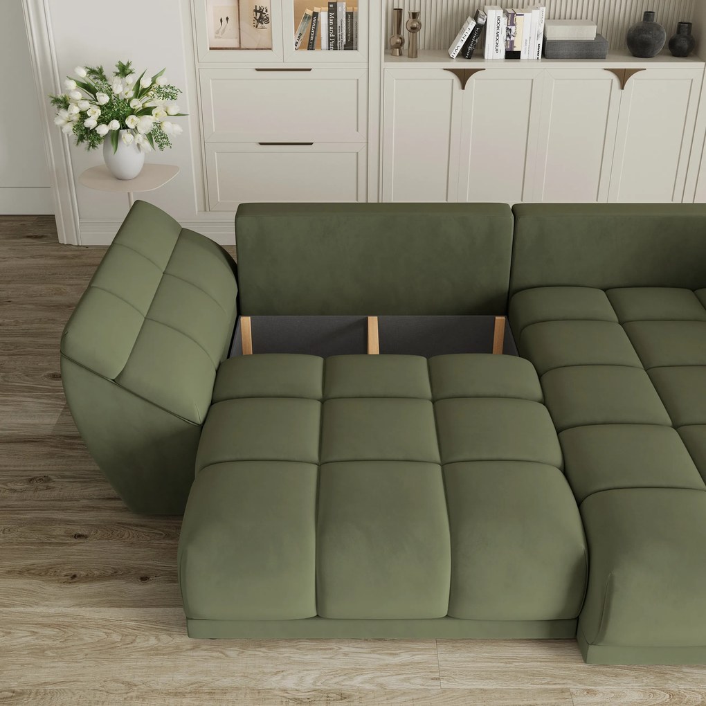Masseno Narożnik ORENTI z funkcją spania i pojemnikiem na pościel Narozniki L, Rozkładana sofa - Zielony, MATT VELVET 38