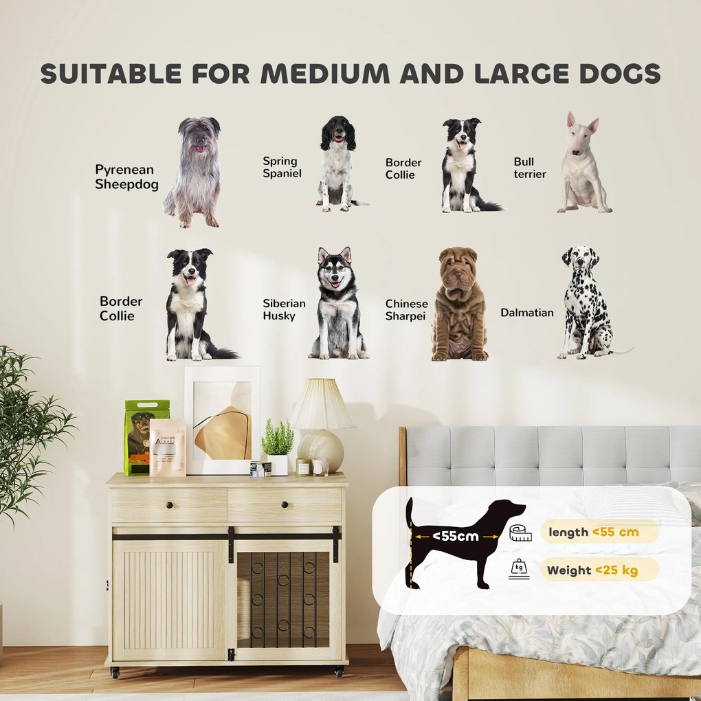 PawHut Skrzynia dla psa na kółkach, 2 drzwi, 2 szuflady, dla psów średnich i dużych, drewno, stal | Aosom PL