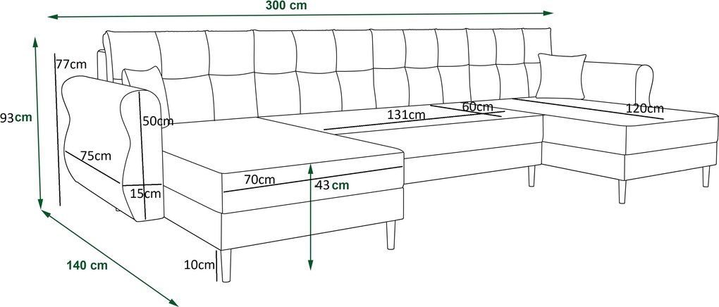 Rozkładana sofa narożna w kształcie U SILVIANO 300x140 cm, kremowa + 2 poduszki GRATIS