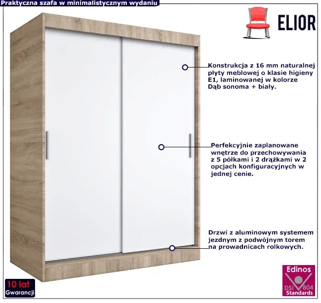 Szafa przesuwna 150 cm dąb sonoma + biały - Erco 4X