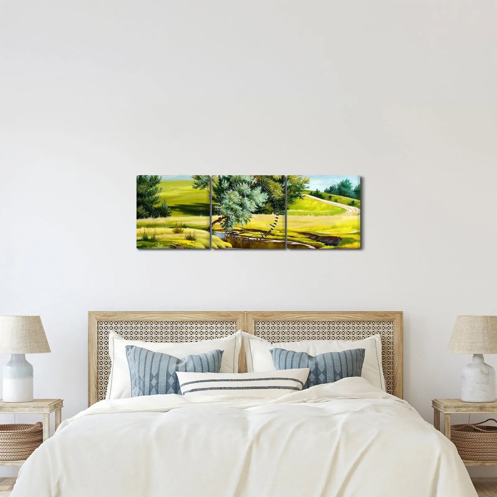 Obraz - rzeka między łąkami, obraz olejny (z zegarem) (90x30 cm)