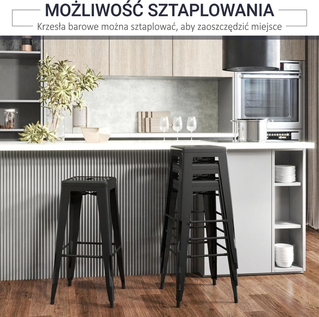 HOMCOM Zestaw 4 Stołków Barowych z Metalu, Do Użytku Wewnętrznego i Zewnętrznego, Składana Konstrukcja, Czarny