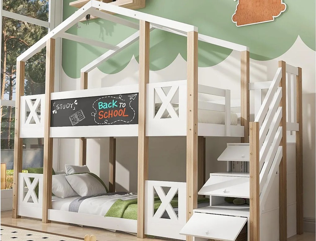 Łóżko piętrowe w stylu domku z drewna sosnowego 90x200cm - z barierami przeciwupadkowymi + schodami do przechowywania + tablicą kredową - Naturalne & Białe