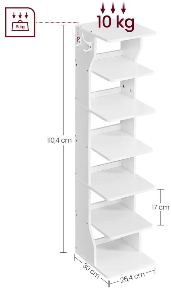 Vasagle Półka na buty CINDY, 6 poziomów, 30x26,4x110,4 cm, biała