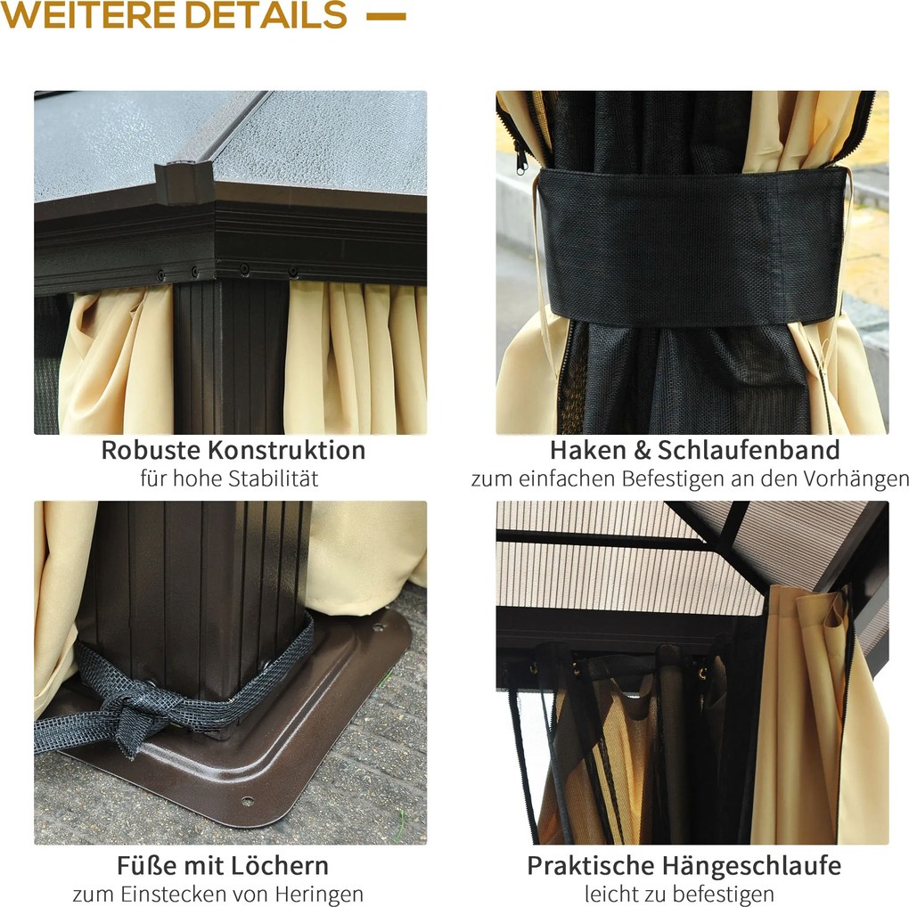 Outsunny Pawilon ogrodowy hardtop 4 2x3 6 m z zasłonami i moskitierą aluminiowa konstrukcja brąz kremowy | Aosom PL