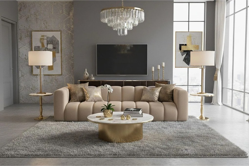 Sofa czteroosobowa, kanapa Grand, tkanina welurowa Salvador, Beżowy