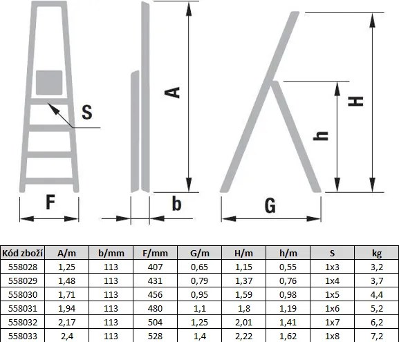 Jednostronne schodki aluminiowe ALVE EUROSTYL, 1x6 szczebli, wysokość 1,19 m