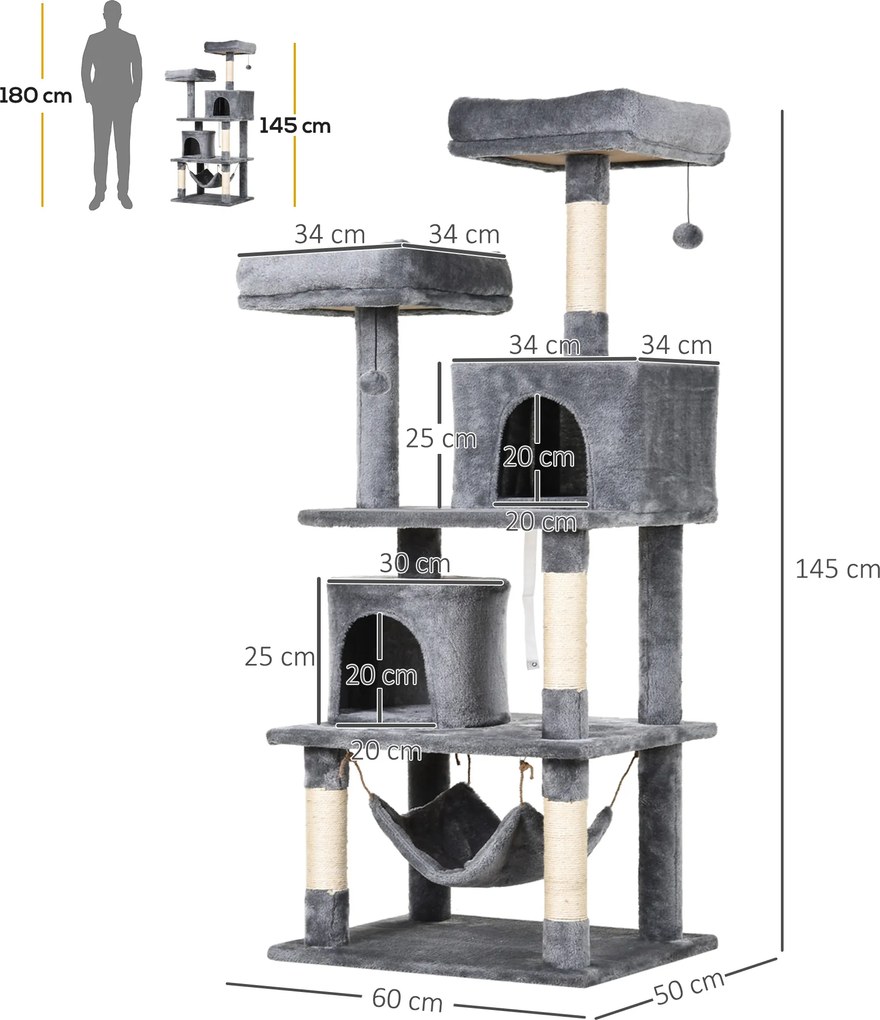 PawHut Duży drapak dla kotów 145 cm, z hamakiem, drzewko do wspinaczki dla kotów, drapak z jaskiniami i słupkami obszytymi sizalem, Jasnoszary