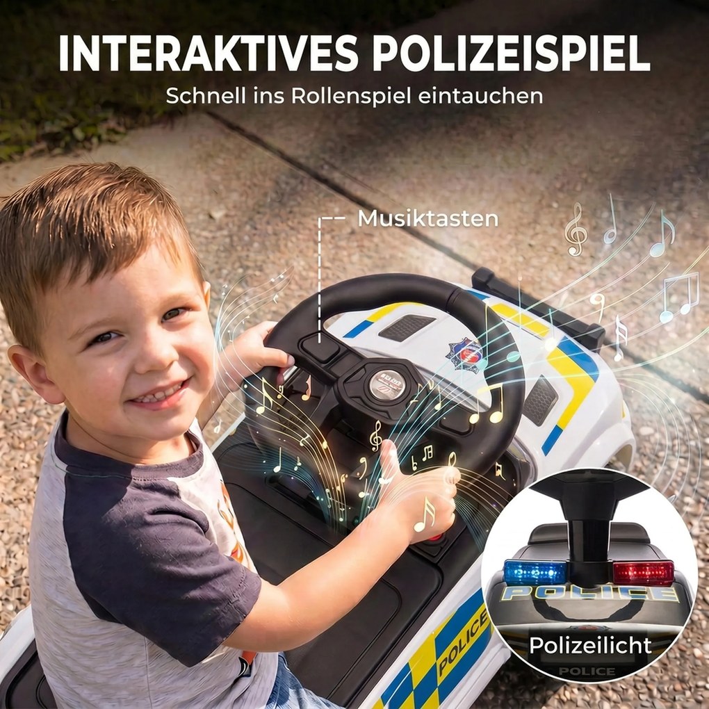 AIYAPLAY Jeździk Policja z muzyką, światłem, zabezpieczeniem przed przewróceniem i schowkiem pod siedzeniem 18-36 Monate Biały | Aosom PL