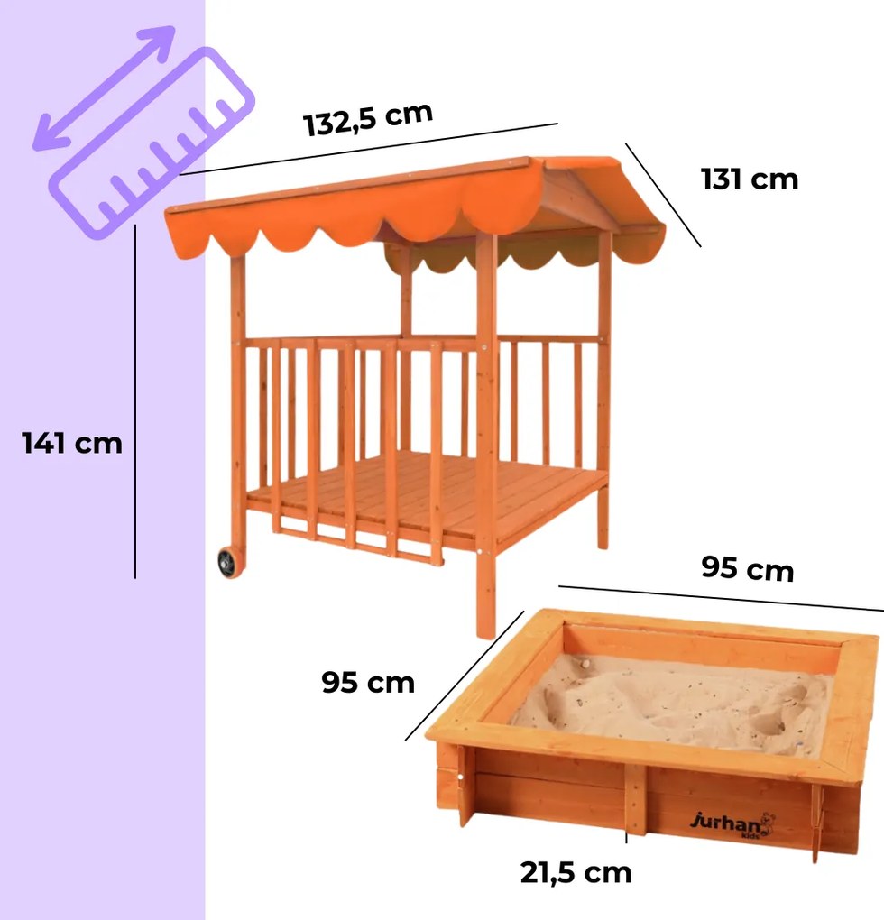 Piaskownica z werandą HAPPY, 130x130x143cm, brązowa/pomarańczowa Jurhan