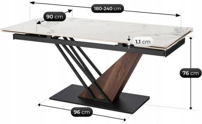 Stół Rozkładany Prostokątny REX 2 180-240 cm Ceramiczny Biały Marmur/Orzech do Jadalni Nowoczesny Loft
