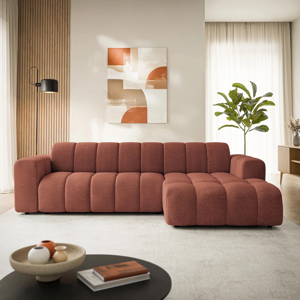 Masseno Narożnik SETIA Prawostronny L-Kształtny, Nowoczesna Sofa narożna, Tkanina Strukturalna - Ceglasty, ARAGON 59