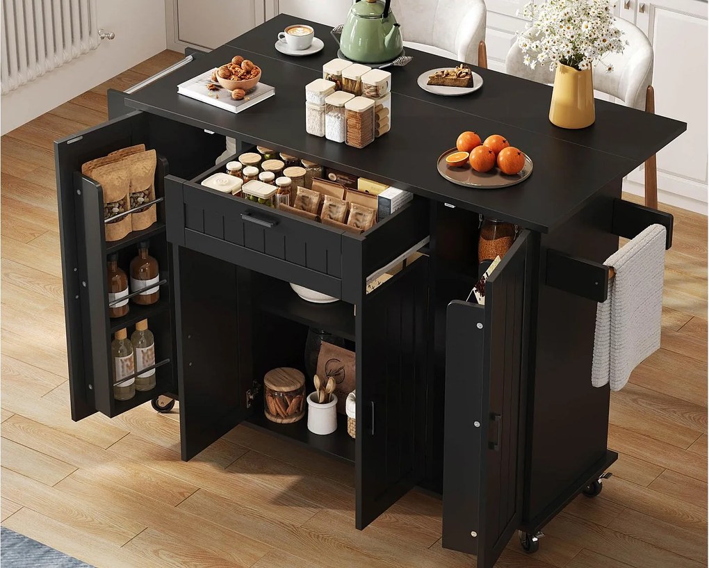 Mobilna wyspa kuchenna - rozkładany blat - z wieszakiem na ręczniki - z 1 szufladą i 4 frontami - MDF - Czarny