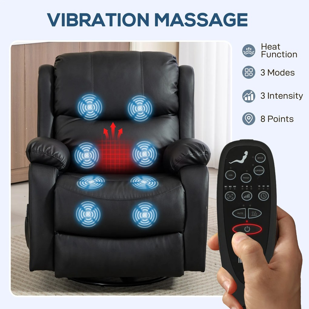 HOMCOM Fotel masujący, funkcja ogrzewania i leżenia, ekoskóra, do 150 kg, 97x92x104cm, Czarny | Aosom PL