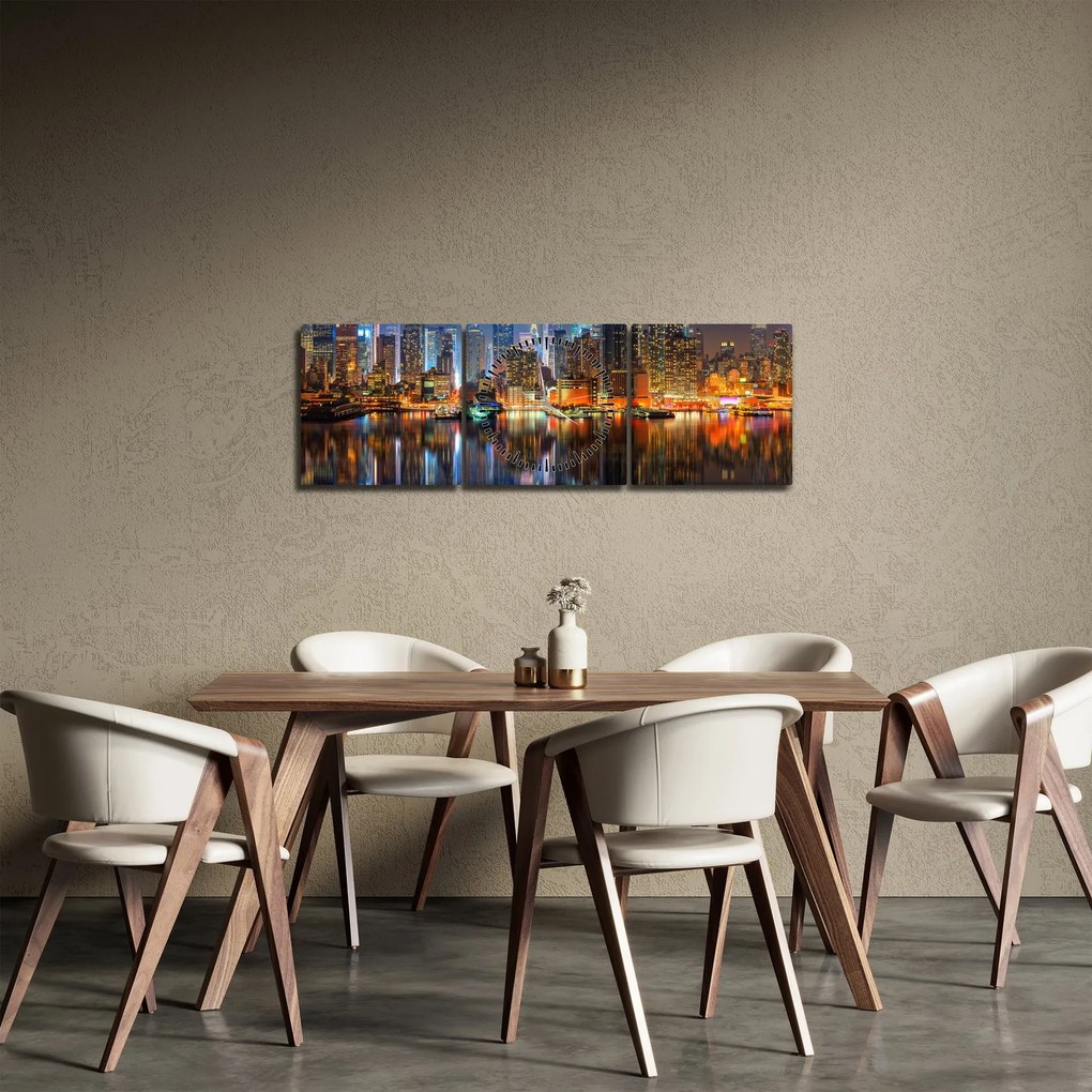 Obraz Manhattanu w nocy (z zegarem) (90x30 cm)