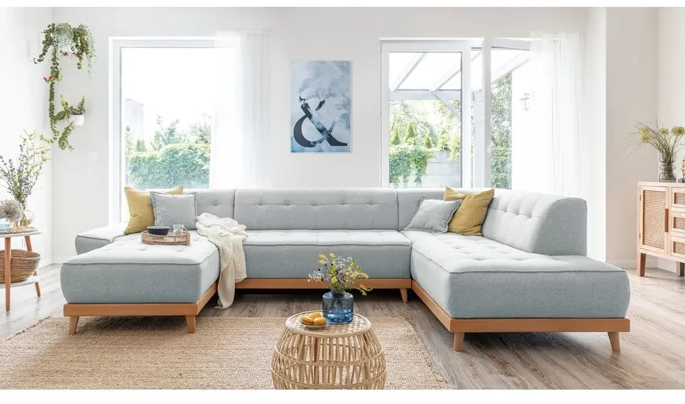 Jasnoszara rozkładana sofa w kształcie litery "U" Miuform Dazzling Daisy, prawostronna
