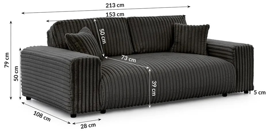 Ciemnoszara sztruksowa sofa 213 cm Justin – Ropez