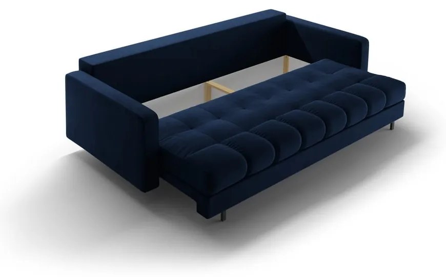 Ciemnoniebieska aksamitna rozkładana sofa ze schowkiem 222 cm Bali – Cosmopolitan Design