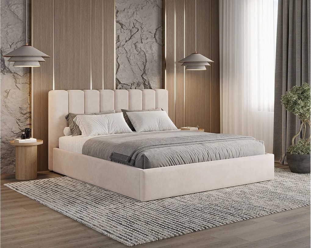 BESILIO Łóżko tapicerowane z pojemnikiem 140x200 Nuvia - Łóżko slim, miękkie wezgłowie, stelaż metalowy- Beżowy