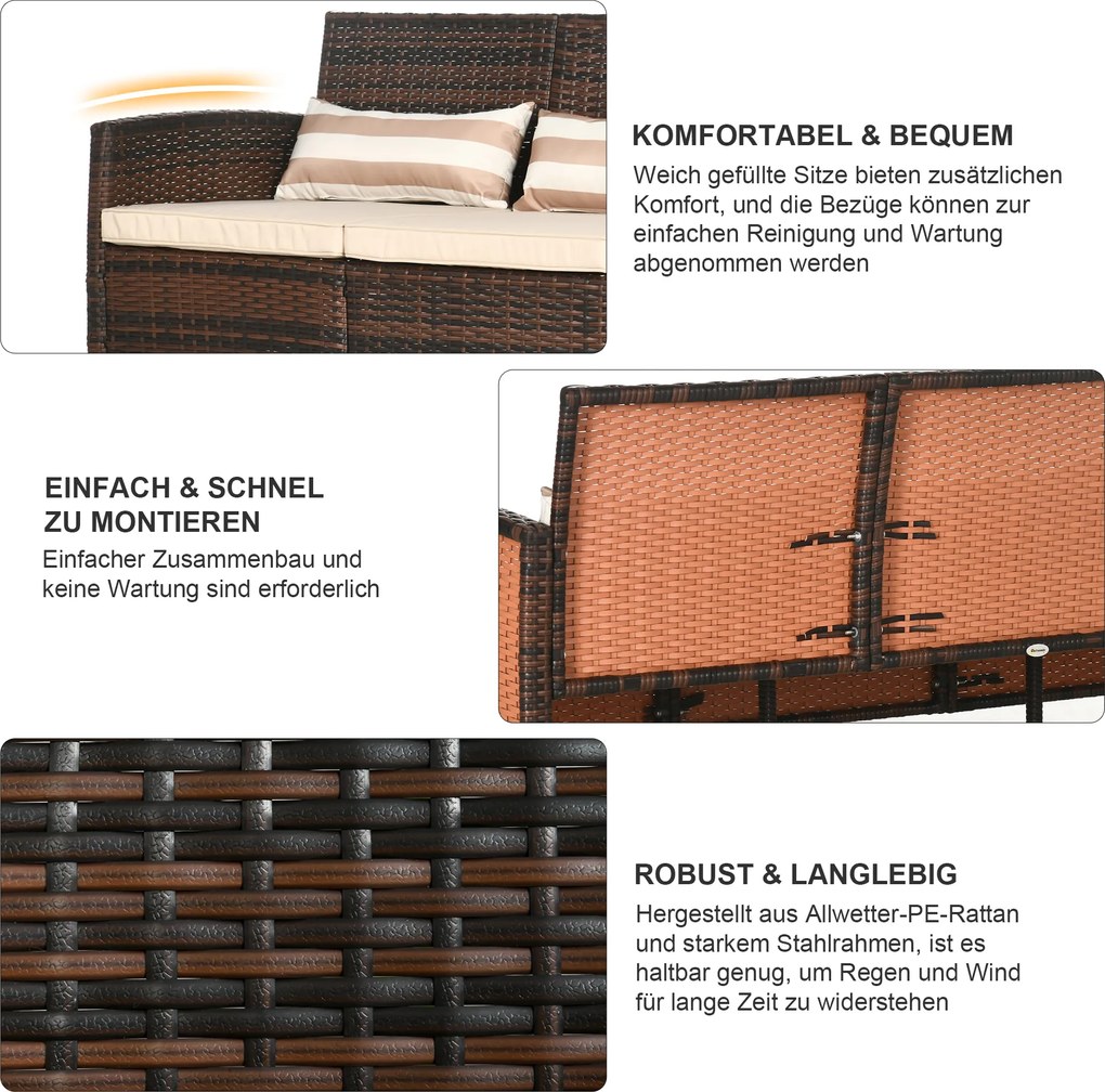 Outsunny Rattanowa sofa ogrodowa 3-osobowa do ogrodu z poduszkami stal kolor brązowy