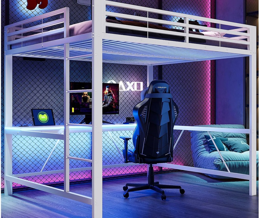 Łóżko na antresoli metalowe 160x200cm - z biurkiem - z oświetleniem LED i portem ładowania USB - Biały​ (bez materaca)