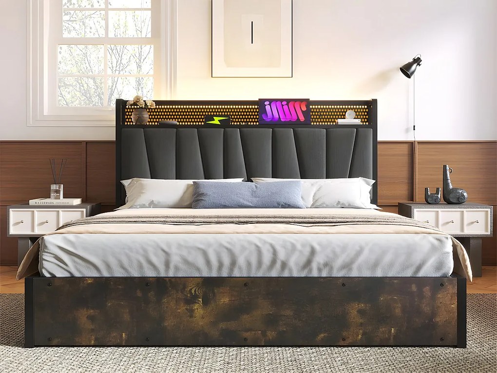Łóżko z pojemnikiem 140x200cm z tkaniny lnianej - z LED, portami ładowania i stelażem na listwy - Szare