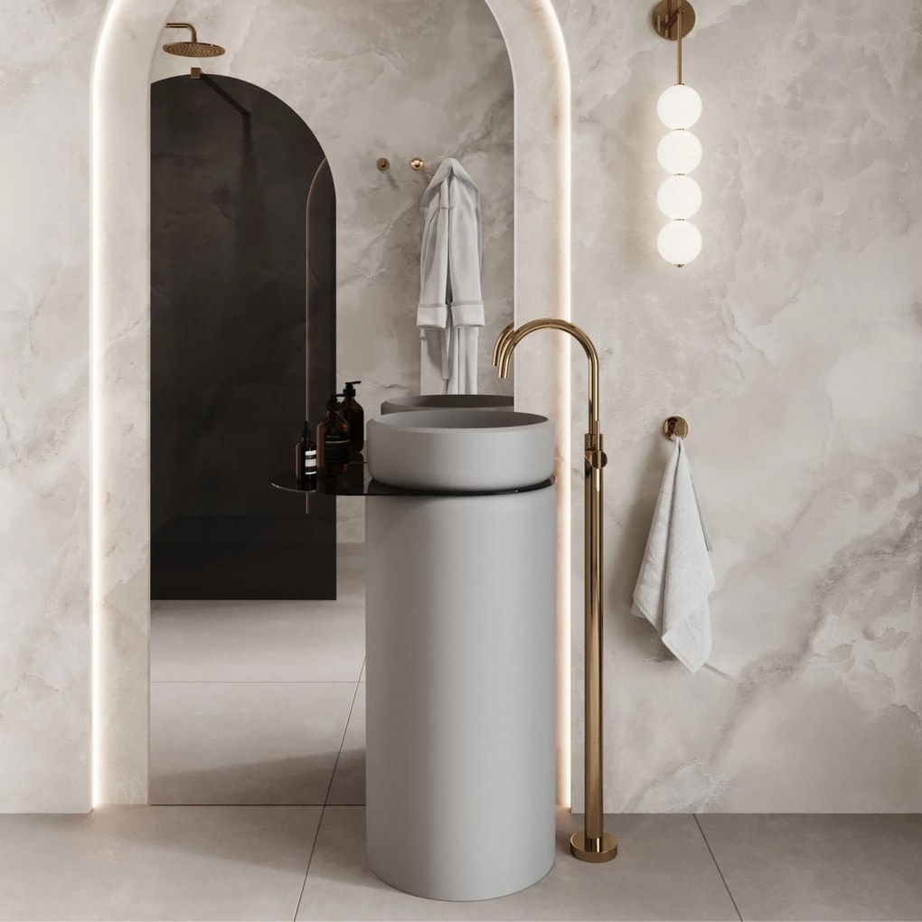 Umywalka z konglomeratu wolnostojąca okrągła z półką szklaną 85 x 40 cm RONA bez przelewu | Różne kolory półki : Kolor szkła - Czarny, Kolor umywalki RONA - Szary matowy, Półka - Szklana