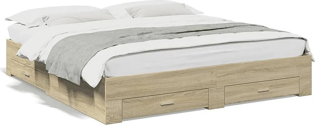 Rama łóżka 200x200 cm dąb sonoma z 4 wbudowanymi szufladami, drewno inżynieryjne, praktyczne przechowywanie, bez materaca
