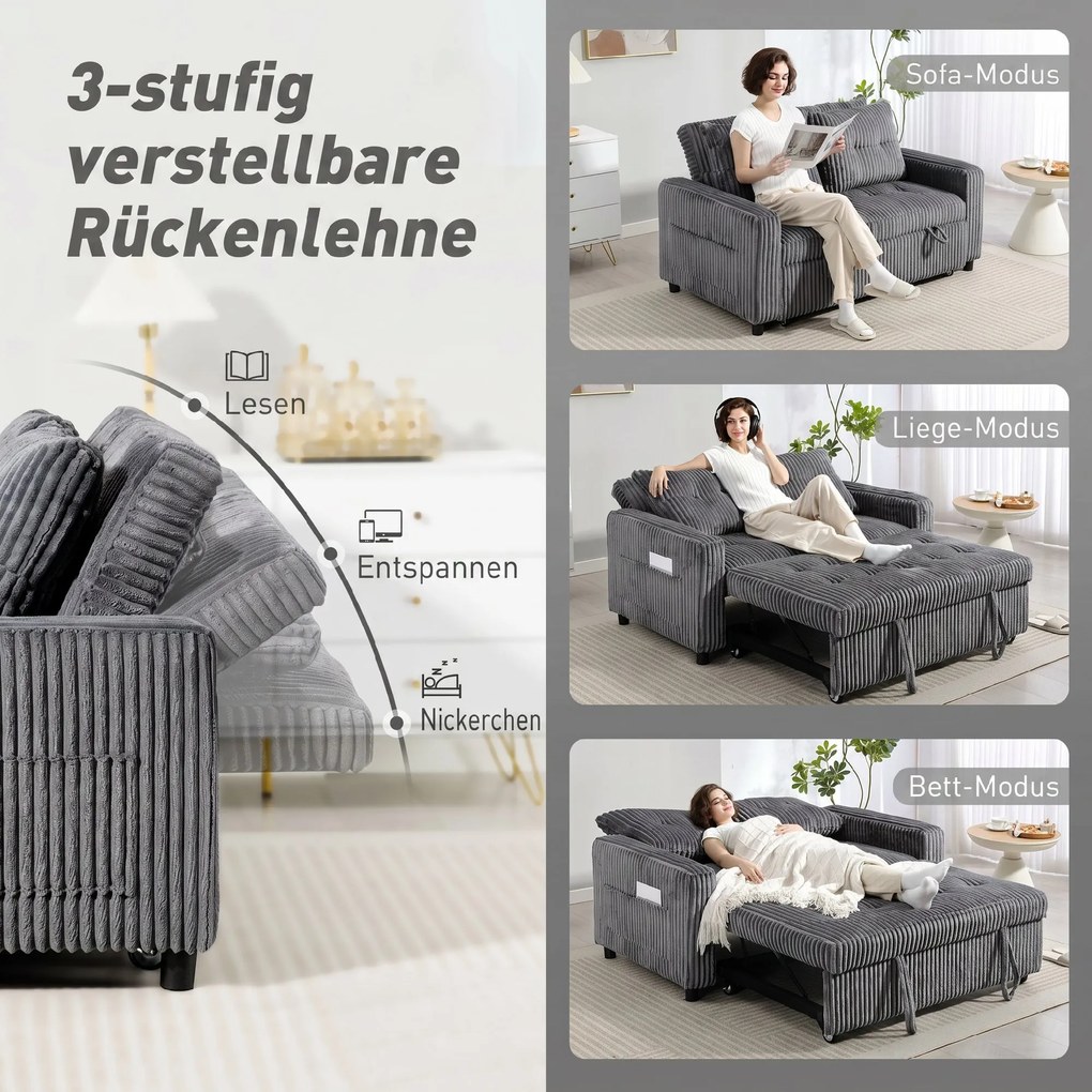 HOMCOM Sofa-łóżko 2-osobowa, pokrycie ze sztruksu, przekształcalna w sofę rozkładaną, 2 poduszki, kieszenie boczne, 157 x 190 cm, ciemnoszara | Aosom PL
