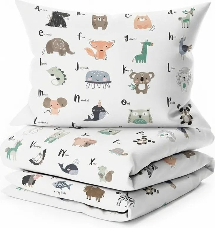 PrzytulneMieszkanie.pl PrzytulneMieszkanie.pl Bawełniana pościel do łóżeczka ANIMAL ALPHABET biała Rozmiar pościeli: 45 x 65 cm | 90 x 135 cm