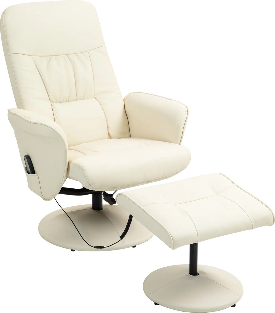 HOMCOM Fotel Masujący z Podnóżkiem, Ergonomiczny Fotel z 10 Punktami Wibracyjnymi, Skóra Ekologiczna, 76 x 81 x 105 cm, Kremowy