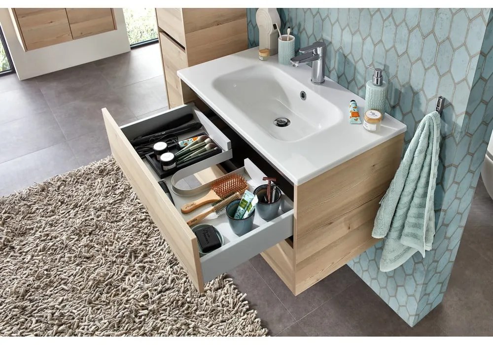 Wisząca szafka bez umywalki w dekorze sosny w naturalnym kolorze 51x80 cm Quickset 393 – Pelipal