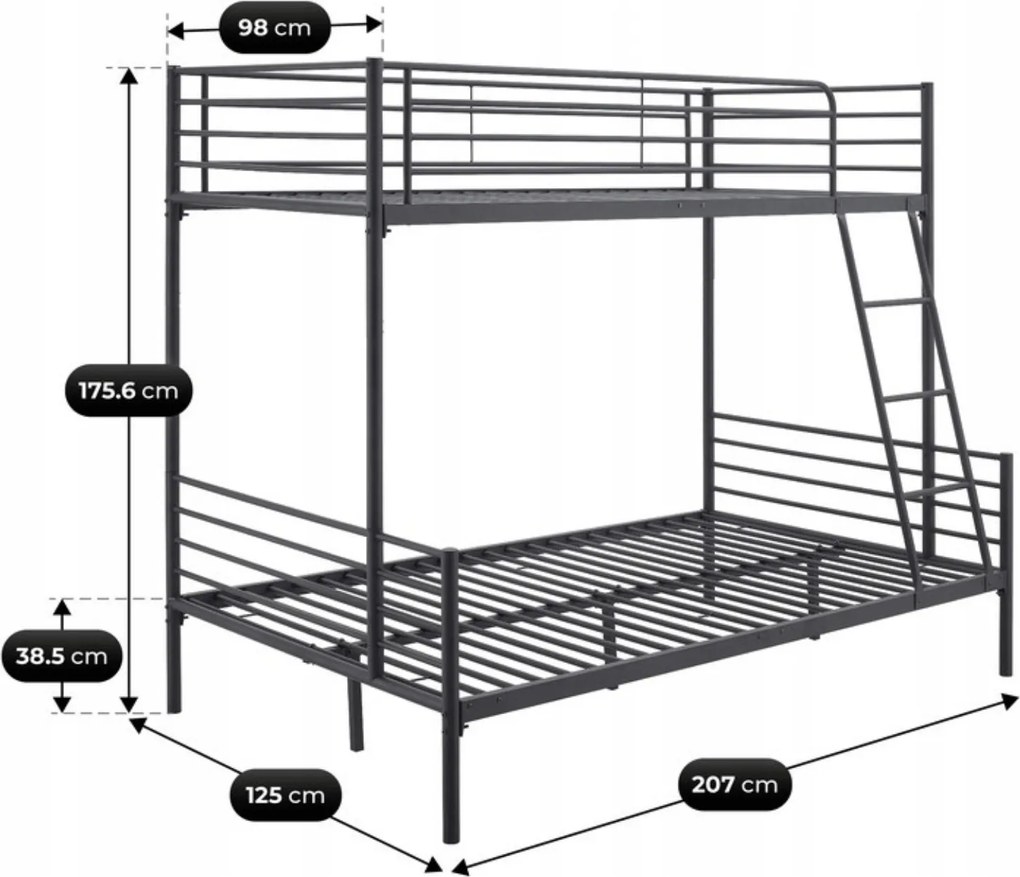 Łóżko Piętrowe Młodzieżowe 90x200 cm/ 120x200 cm TRES Metalowe Czarne