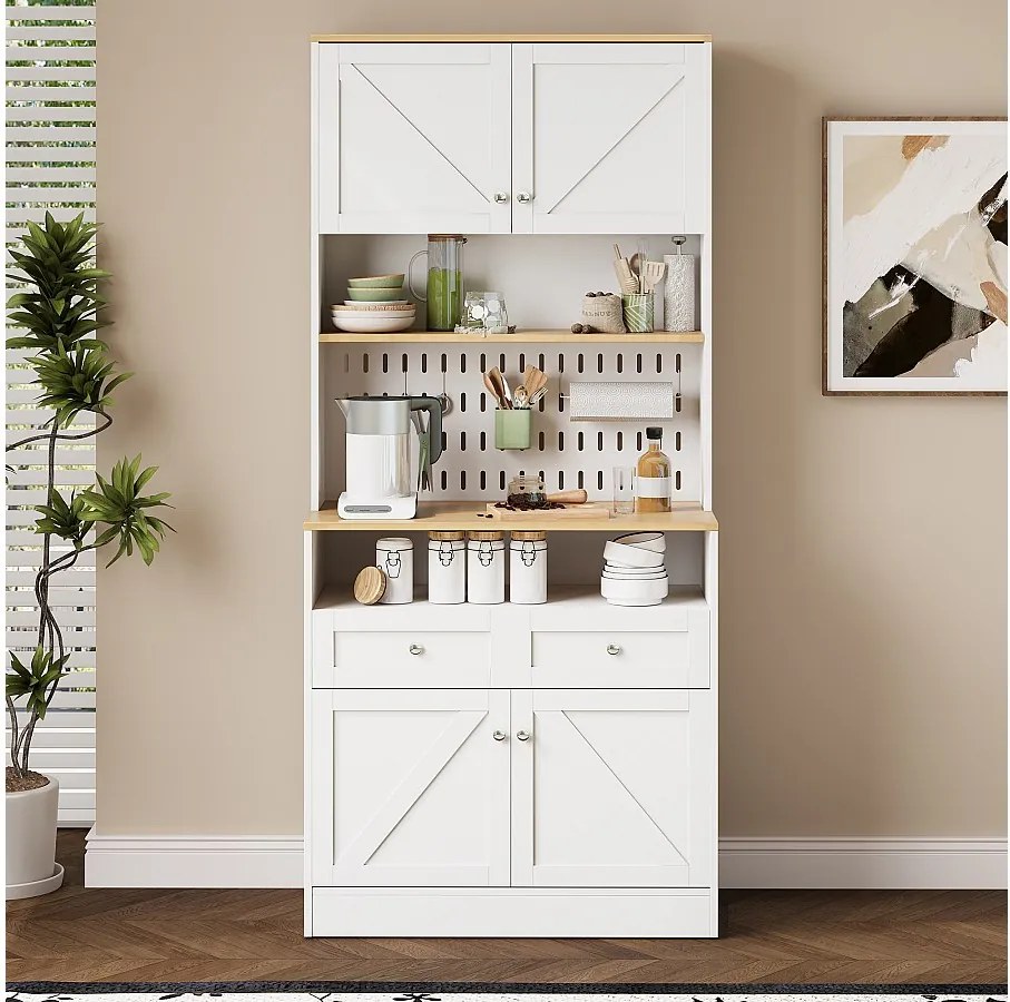 Wysoka komoda kuchenna - 80 x 40 x 175 cm - z 2 szufladami + 4 drzwiami + półką - MDF + płyta wiórowa - biała