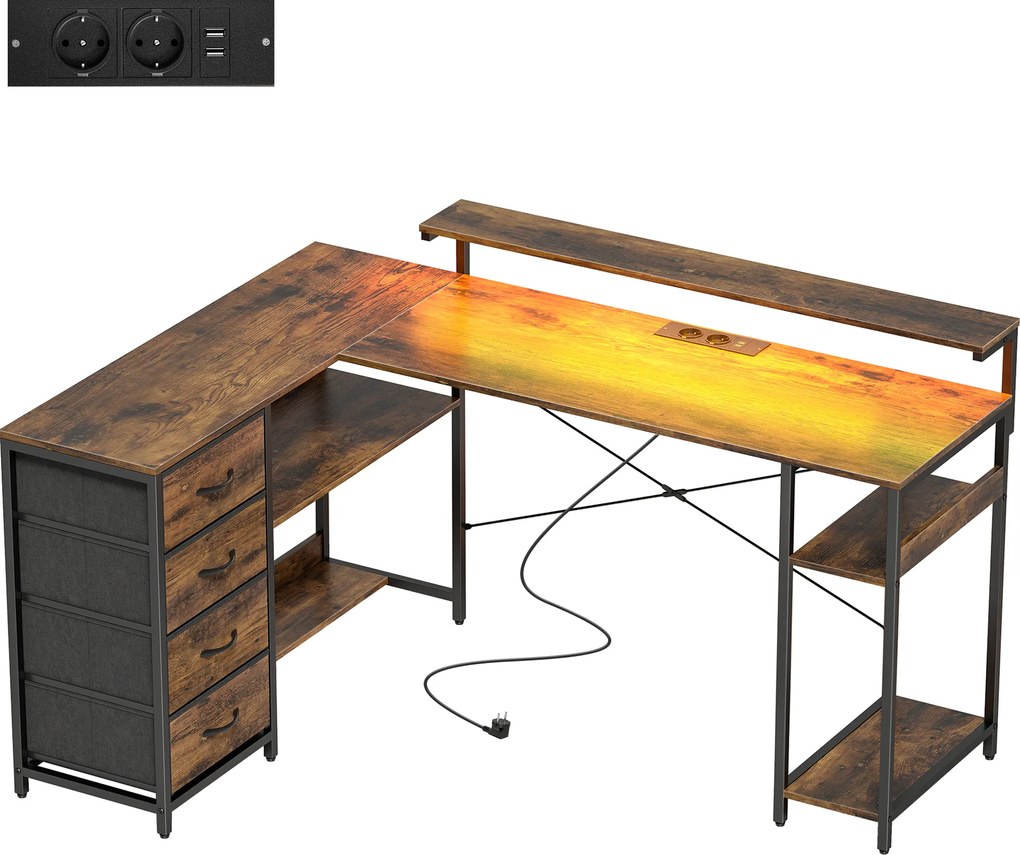 HOMCOM Biurko gamingowe L-kształtne z gniazdkiem, oświetleniem LED, 4 szufladami, podstawką pod monitor 155x110x91,4 cm Brąz | Aosom PL