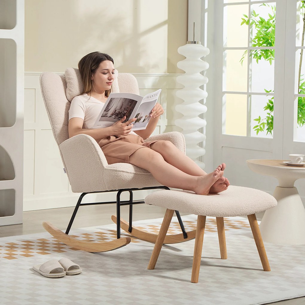 HOMCOM Fotel bujany z podnóżkiem, miękki polar, drewniane nogi, poduszka, wysokie oparcie, fotel bujany, Beżowy | Aosom PL