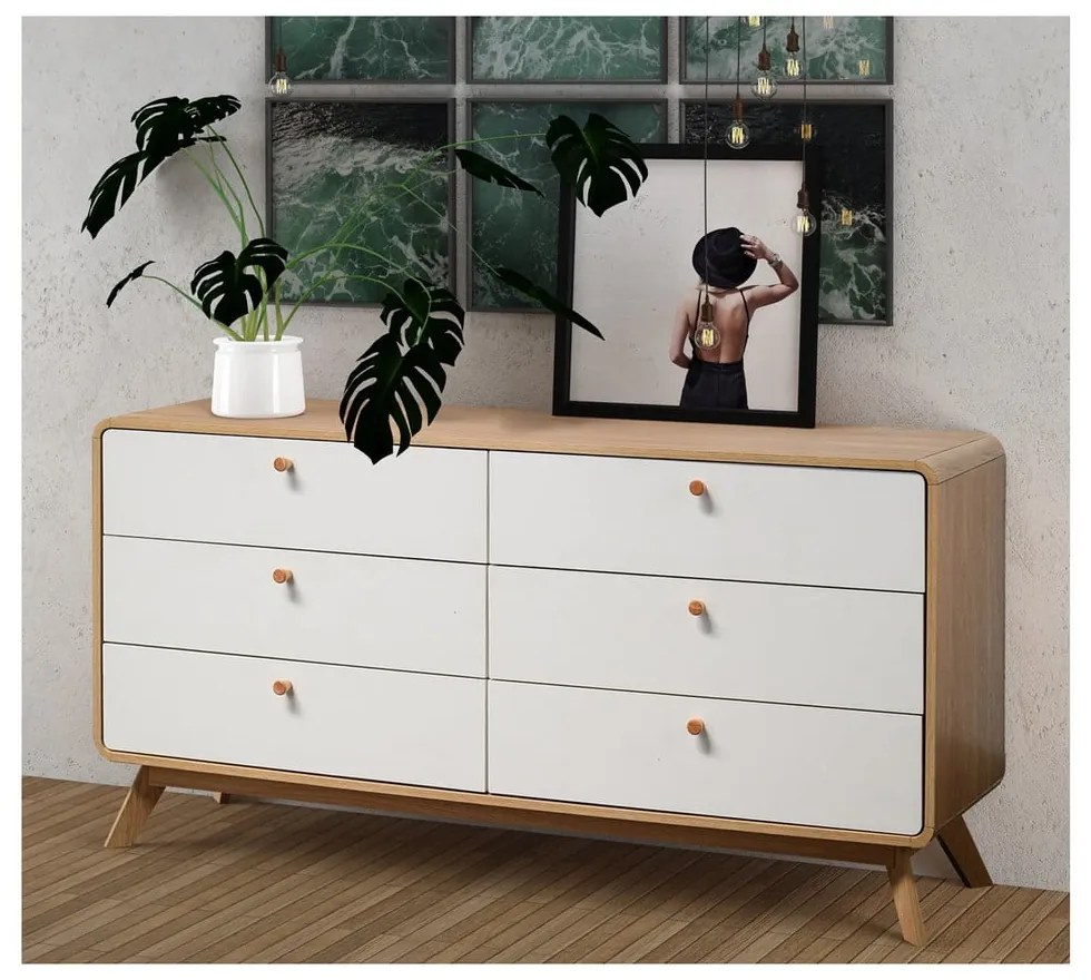 Biało-naturalna kolorze niska komoda w dekorze dębu 150x74 cm Caitlin – Støraa