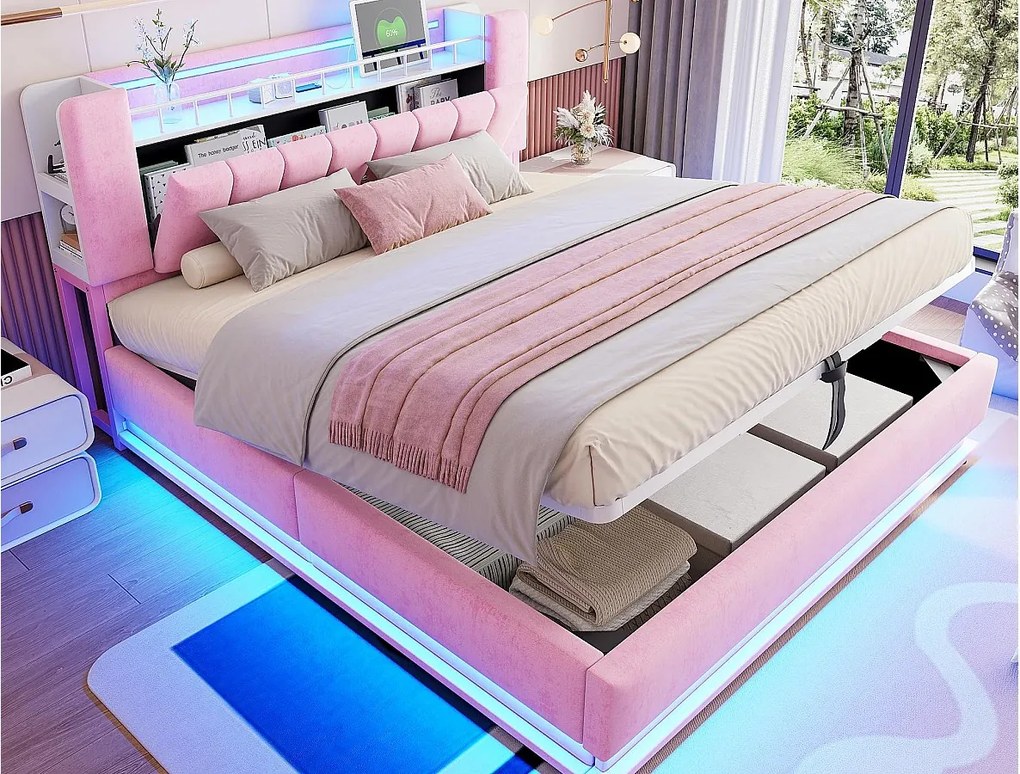 Łóżko tapicerowane ze schowkiem 180x200 cm - z oświetleniem LED - z portem USB - welur - różowy​ (materac nie jest wliczony w cenę)