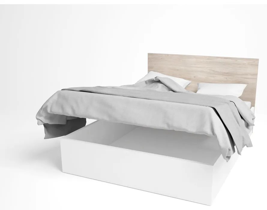 Białe łóżko dwuosobowe w dekorze dębu ze schowkiem 140x190 cm Sahara – Marckeric