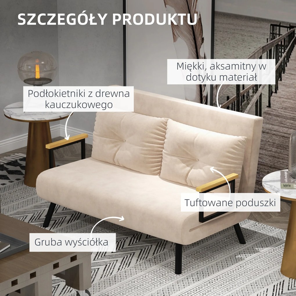 HOMCOM Sofa 2 osobowa z funkcją spania aksamitna z 2 poduszkami w kolorze naturalnym beżowym czarnym | Aosom PL