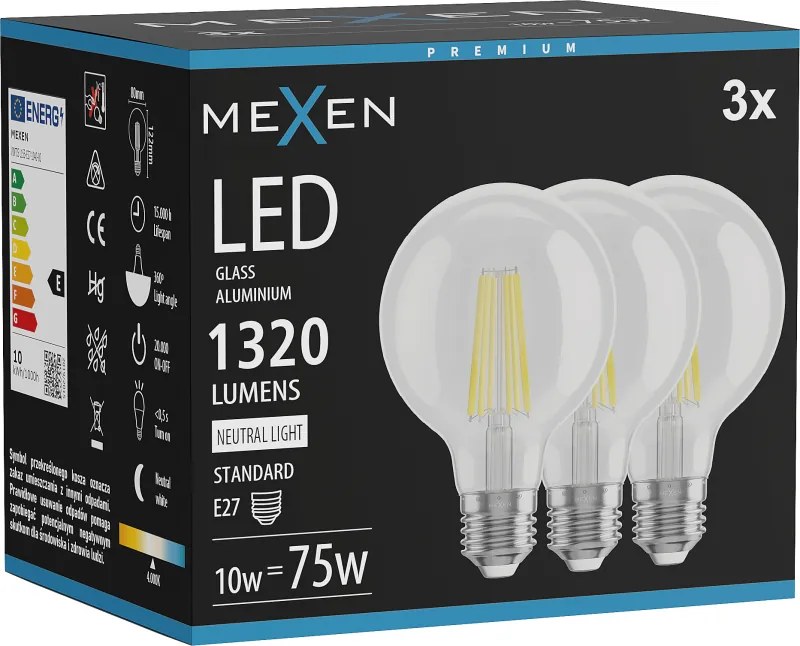 Mexen Vintis 3x żarówka filament LED E27, G80, 10W, Neutralna - 4000K, 1320 lm, clear - L155-E27-1040-00x03