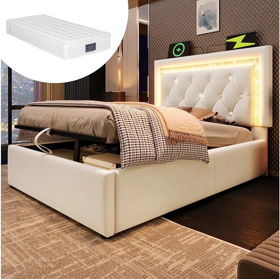 Łóżko tapicerowane, jednoosobowe, ze schowkiem - 90 x 200 cm - zagłówek z diodami LED + porty USB i typu C - schowek hydrauliczny - aksamit - beżowe (z materacem)