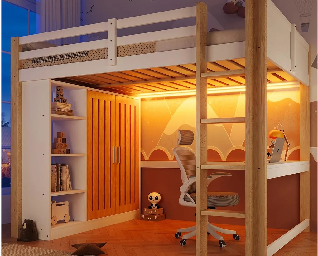 Łóżko na antresoli 140x200 cm - z oświetleniem LED - z szafą - z półkami i biurkiem - biały + kolor naturalny​ (materac nie jest wliczony w cenę)
